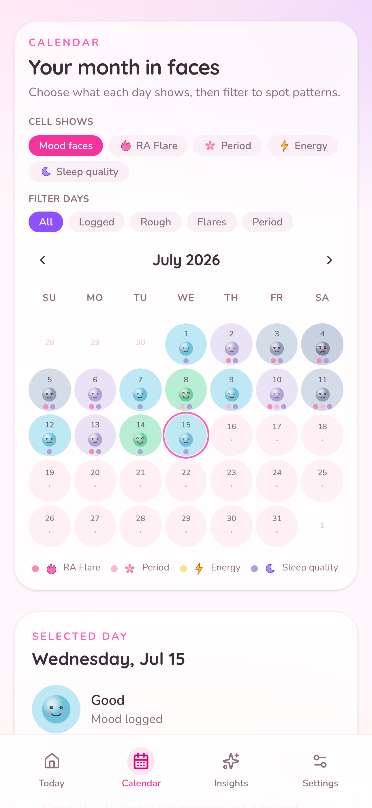 CalHue calendar showing a month of colored mood faces